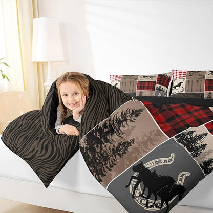 Erosebridal Rustic Patchwork Comforter Queen, Retro Horse Bedding Set for Kids Teens Adult Checkered Buffalo Plaid Comforter Set Southwestern Riding Boots Horseshoe Duvet Insert Farmhouse Decorations