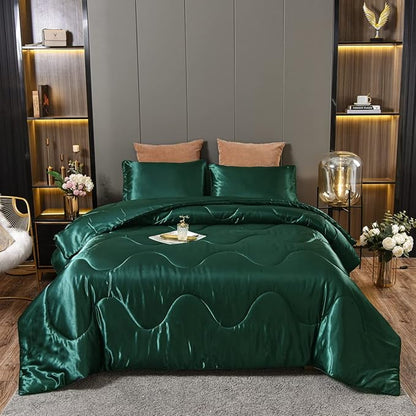 NTBED Silky Satin Comforter Set Queen Dark Green, Soft Lightweight Microfiber Luxury Sexy Quilted Bedding Sets with 2 Matching Pillow Covers for Summer Spring Autumn