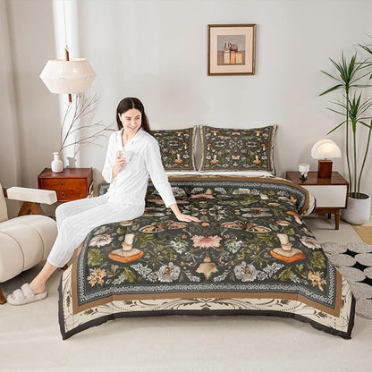 Erosebridal Boys Gothic Moth Black Comforter Set Toddler, Boho Mushroom Bedding Set Butterfly Vintage Floral Comforter, Retro Leaf Wild Mushroom Quilt with 1 Pillowcase for Kids Teens Women Men