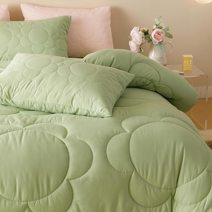 Houseri Sage Green Floral Comforter Set King Sunflower Light Green Fluffy Quilted Comforters King Size Ultra Comfy Bedding Sets Soft Breathable