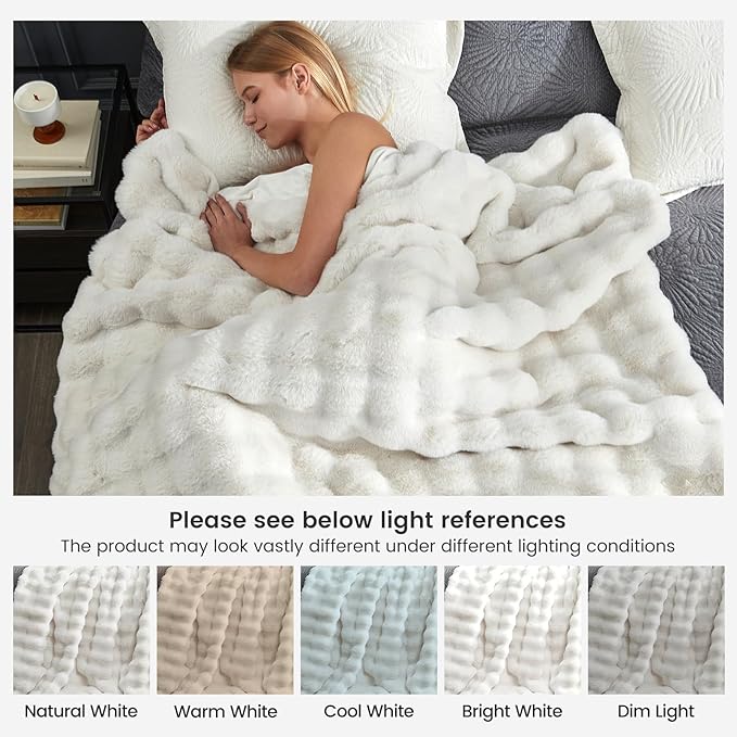 Cozy Bliss Faux Fur Throw Blanket for Bed King Size, Fuzzy Soft Plush Thick Bubble Blanket for Sofa Bedroom Living Room, 108 * 90 Inches Cream White