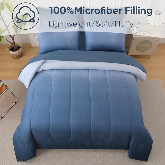 Anibedding King Size Comforter Set - 7 Pieces Soft Gradient Blue Bed in a Bag with Fitted Sheet, Flat Sheet, 2 Pillow Shams, and 2 Pillowcases - Warm Bed Set for All Season