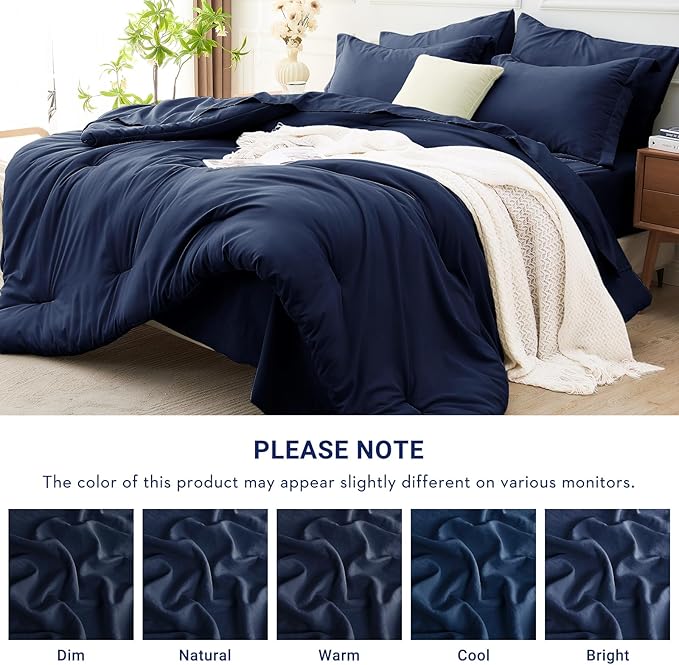 MUXHOMO 7 Pieces Full Comforter Set, Soft Bed in a Bag Full Size, All Season Bedding Set with Comforter, Flat Sheet, Fitted Sheet, Pillowcases & Shams, Navy Blue