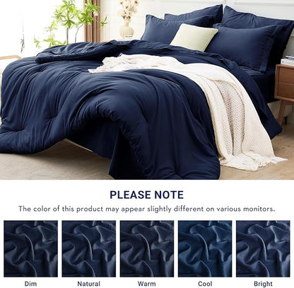 MUXHOMO 7 Pieces Full Comforter Set, Soft Bed in a Bag Full Size, All Season Bedding Set with Comforter, Flat Sheet, Fitted Sheet, Pillowcases & Shams, Navy Blue