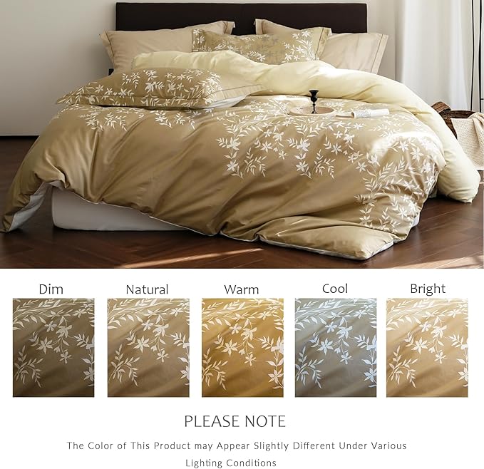 King Size Gradient Cotton Comforter Set, 3Pcs Flower Print Botanical Duvet for All Seasons, Luxury Warmth Breathable Bedding Set with 1 Lightweight Comforter and 2 Pillow Shams