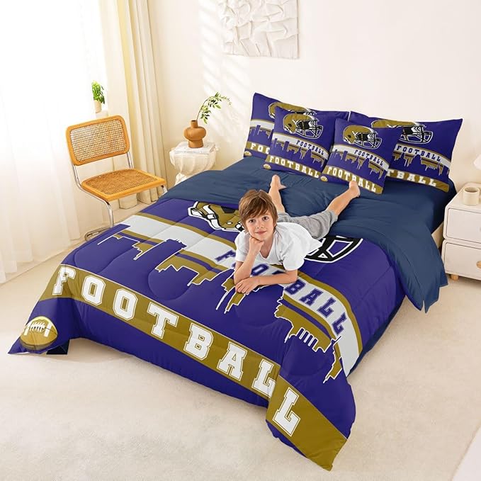 Erosebridal Football City 7 Pcs Comforter Set King Football Bedding for Kids Purple Rugby Game Sheet Set Bed in A Bag Football Fans Bedroom Decor Sports Ball Competition Bed Set