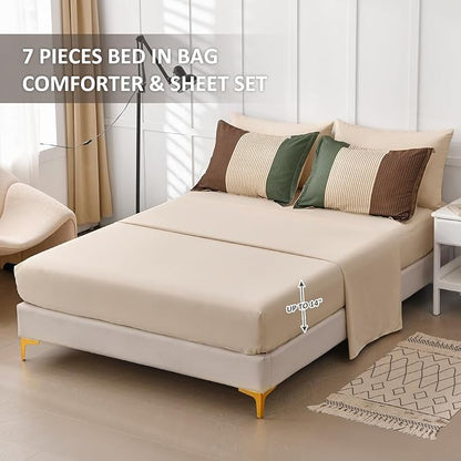 Anibedding Striped Comforter Set King Size, Boho Brown Green Striped Bedding Comforter Set 7 Piece Bed in a Bag, Soft Microfiber Down Alternative Farmhouse Bedding Set for All Season(104"x90")