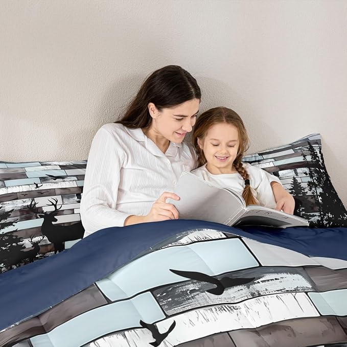 Feelyou Cute Deer Bedding Set Wild Animal Hunt Comforter Set for Kids Boys Girls Pine Trees Retro Comforter Hunting Theme Quilt Set Bedroom Collection 3Pcs Queen Size