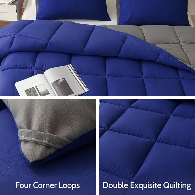 Decroom Lightweight Full Comforter Set with 2 Pillow Sham - 3 Pieces Set - Quilted Down Alternative Comforter/Duvet Insert for All Season - Blue/Grey - Full Size