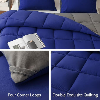 Decroom Lightweight Full Comforter Set with 2 Pillow Sham - 3 Pieces Set - Quilted Down Alternative Comforter/Duvet Insert for All Season - Blue/Grey - Full Size