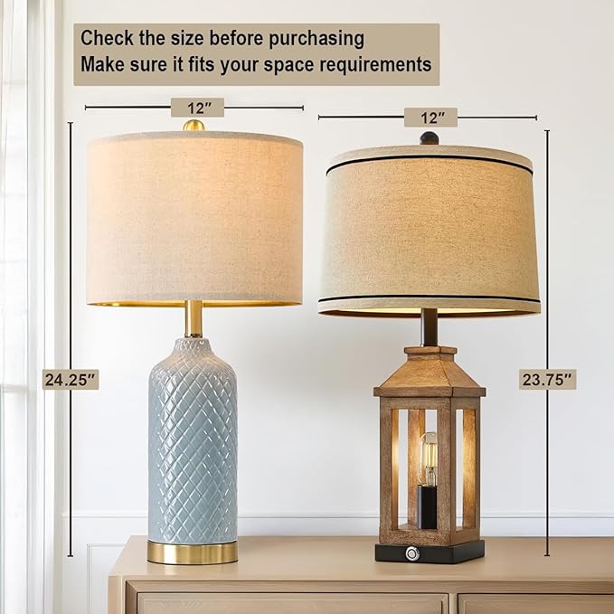 24.25" Modern Ceramic Blue Table Lamps Set of 2 for Living Room Bedroom Bedside Table Lamp for Night Stands Boho Nightstand Lamp Coastal Side End Table Lamps Reading Light Home Office Dorm Deco Gifts
