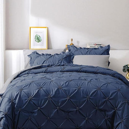 JOLLYVOGUE Queen Comforter Set 7 Pieces, Navy Blue/Gray Bed in a Bag Comforter Set for Bedroom, Bedding Comforter Sets with Comforter, Sheets,Ruffled Shams & Pillowcases