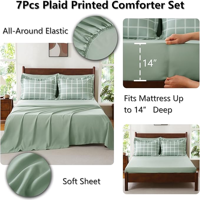 CozyLux King Size Comforter Set Sage Green - 7 Pieces Plaid Bed in a Bag Set, Soft Bed Set King Bedding Sets with All Season Quilted Comforter, Flat Sheet, Fitted Sheet, Pillowcases & Pillow Shams