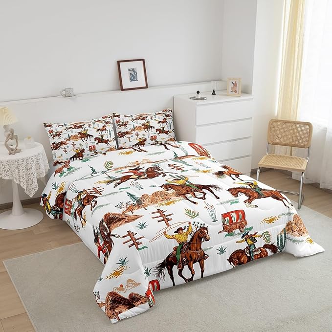 Feelyou Western Decor Comforter Full Size Wild Western Cowboy Cowgirl Comforter Set for Boys Girls Children Horse Desert Rodeo Cowboy Style Bedding Set Room Decor Brown Duvet Set 3Pcs
