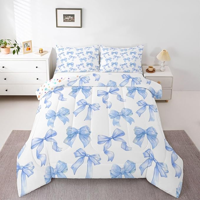 Erosebridal Blue Bow Comforter Set King Size Cute Cartoon Bowknot Bedding Set for Girls,Dreamy Princess Style Down Comforter for Kids Teen Women,Blue Kawaii Girly Coquette Butterfly Knot Quilt