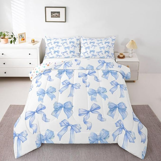 Erosebridal Blue Bow Comforter Set King Size Cute Cartoon Bowknot Bedding Set for Girls,Dreamy Princess Style Down Comforter for Kids Teen Women,Blue Kawaii Girly Coquette Butterfly Knot Quilt