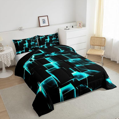 Erosebridal Modern Kids Comforter Set, 3D Plaid Square Print Queen Size Bed Set for Teen Boys, Black and Teal Soft Microfiber Bedding Sets for All Seasons, 3 Piece