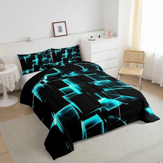 Erosebridal Modern Kids Comforter Set, 3D Plaid Square Print King Size Bed Set for Teen Boys, Black and Teal Soft Microfiber Bedding Sets for All Seasons, 3 Piece
