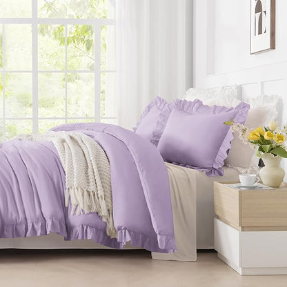 Andency Lavender Twin Size Comforter(66x90Inch), 2 Pieces Ruffle Solid Farmhouse Shabby Chic Comforter with 1 Pillowcase, Lighteweight and Soft Microfiber Bedding Set