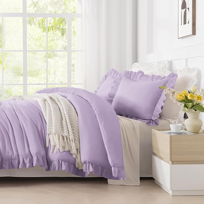 Andency California King Comforter Set Lavender (104x96Inch), 3 Pieces Cal King Ruffle Comforter, Oversized Farmhouse Shabby Chic Bed Comforter, Lighteweight and Soft Microfiber Bedding Set