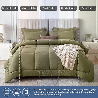 Sasttie California King Comforter Set, 7 Pieces Cal King Bed in a Bag, Complete Bedding Set Includes Comforter, Flat Sheet, Fitted Sheet, Pillowcases and Pillow Shams, Olive