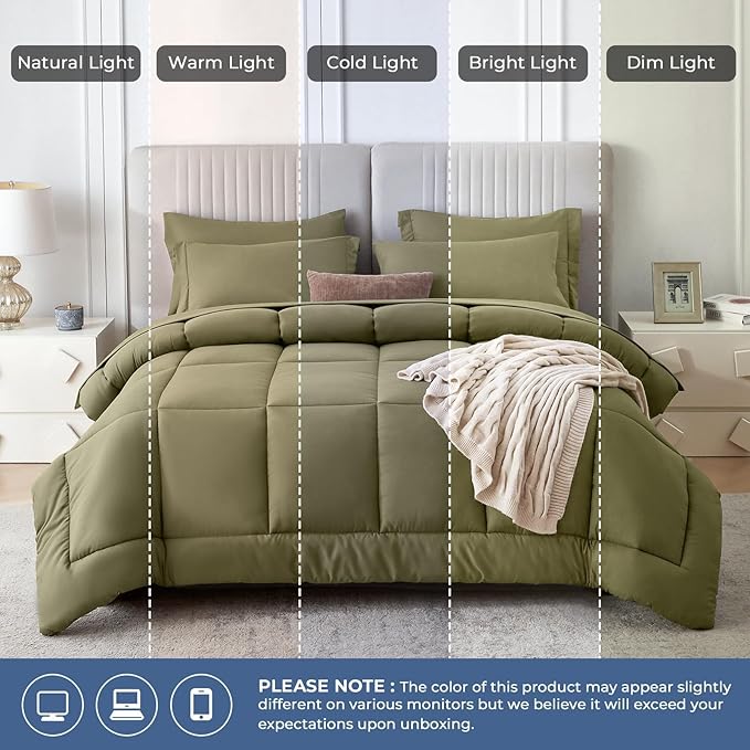 Sasttie King Size Comforter Set, 7 Pieces Bed in a Bag King, Complete Bedding Set Includes Comforter, Flat Sheet, Fitted Sheet, Pillowcases and Pillow Shams, Olive