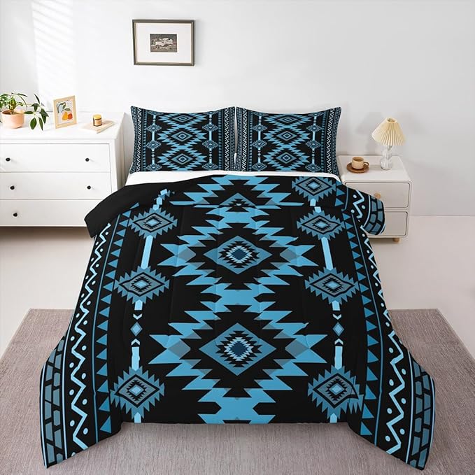 Feelyou Blue Black Southwestern Comforter Set Tribal Native American Indian Bedding Set Queen Size Farmhouse Western Room Decor Duvet Quilt