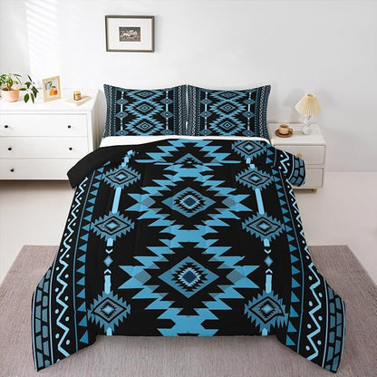Feelyou Blue Black Southwestern Comforter Set Tribal Native American Indian Bedding Set Twin Size Farmhouse Western Room Decor Duvet Quilt