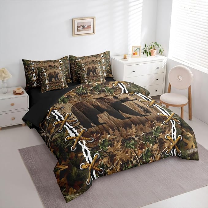 Erosebridal Cabin Twin Comforter Set with Sheets | Wild Bear Grizzly 7-Piece Bedding Set Mens Camouflage Bed in a Bag, Woodland Hunting Animals Bed Sets,Camo Rustic Farmhouse Decor Camo Bed Set