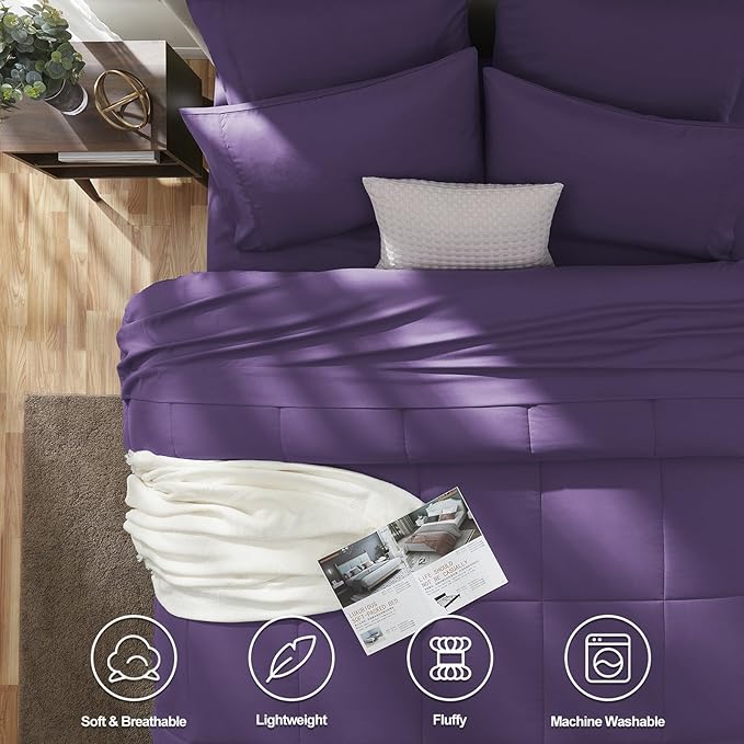 CozyLux King Size Comforter Set Purple, 7 Pieces Bed in a Bag, Purple Comforter King Size, All Season Bedding Sets with Stitch Quilted Comforter, Flat Sheet, Fitted Sheet, Pillowcases