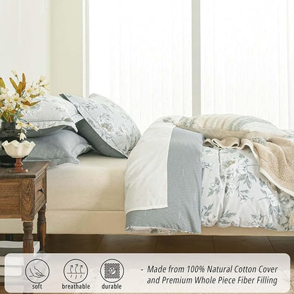 Floral Cotton Comforter Queen Size - Light Grey Comforter Printed with Vintage Ivory Flowers & Dark Yellow Stamens,Reversible Lightweight Bedding Sets 3Pcs(90"×90")