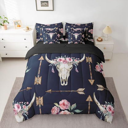 Erosebridal Bull Skull 7 Piece Bedding Set Queen Boho Comforter Set with Sheets Arrows Pink Rose Feather Aztec Bed in a Bag Mysterious Tribal Style Colorful for Teens Men Women