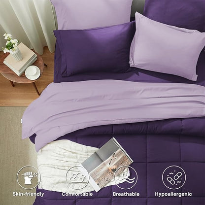 Anluoer Twin Comforter Set,Dark Purple&Light Purple Bed in a Bag 5 Piece,Lightweight Bedding Set with Down Alternative Fill,Bed Set Includes Comforter, Fitted Sheet, Flat Sheet,Pillowcase and Sham