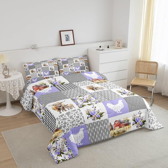 Highland Cattle Comforter Set Queen Size,Milk Cow Print Chicken Farmhouse Animal Bedding Set for Women Adult,Purple Bohemian Grid Geometric Luxury Bed Duvet Insert, 2 Pillowcases