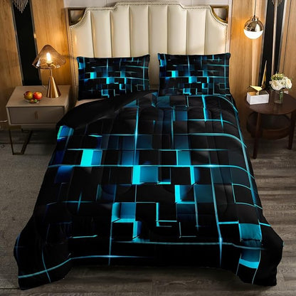 Erosebridal Neon Turquoise Black Comforter Set Full Size 3 Piece Geometric Kids Bedding Set Honeycomb Comforter for Teens Women Adult Bedroom Decor, Aesthetics Modern Quilt