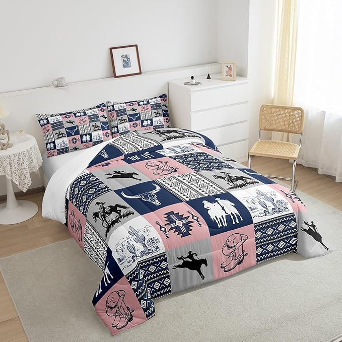 Southwestern Comforter Set Queen Size,Navy Blue Pink Plaid Patchwork Bedding Set 3Pcs,Cowboy Cow Skull Cactus Quilt Set for Boys Girls Men Room Decor,Vintage Rustic Duvet Insert,2 Pillowcases