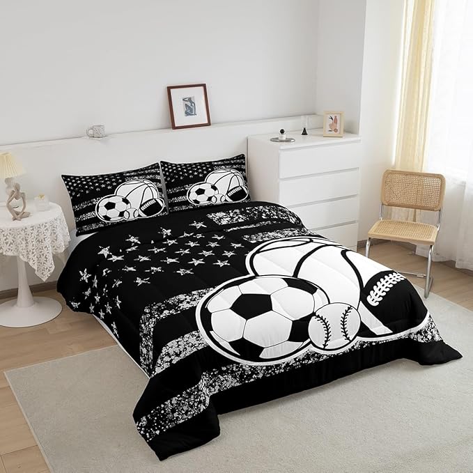 Feelyou Basketball Sports Comforter Set Full Size Ball Game Comforter for Boys Girls Teens Football Bedding Set Baseball Duvet Set Room Decor Balck White Mixed Ball Quilt Set