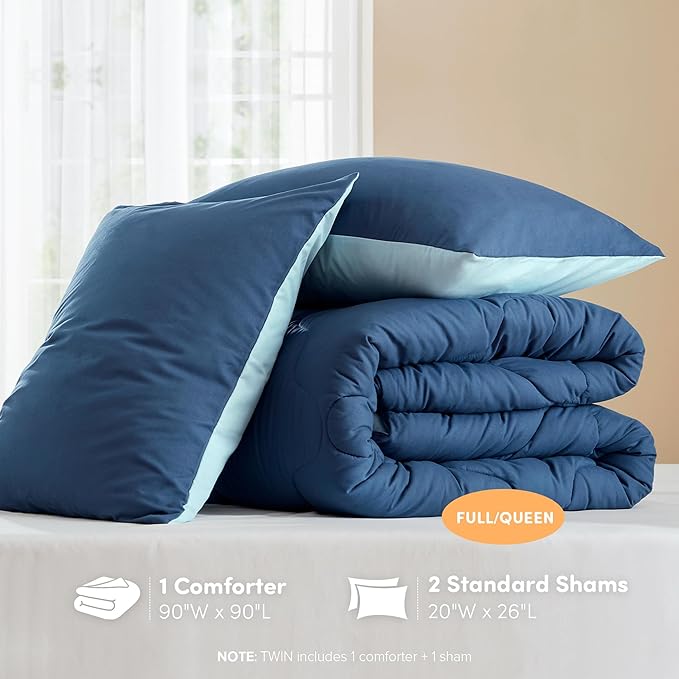 Comfort Spaces Queen Comforter Set Vibrant Reversible Comforters Queen Size Quilted Bedding Set, All Season Lightweight Bedding, Soft Microfiber Comforter, Vixie, Navy/Light Blue Full/Queen 3 Piece
