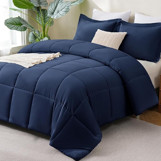 CozyLux Oversized Queen Comforter Set, 3 Pieces Navy Blue 98x98 Box Stitched Design Soft Bedding Set, All Season Lightweight Breathable Bed Set with 1 Down Alternative Comforter and 2 Pillow Shams