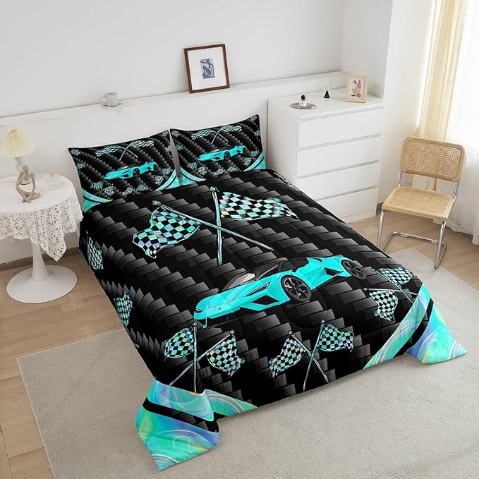 jejeloiu Teal Race Car Bedding Set Toddle Size Extreme Sports Comforter Set for Kids Teens Adult Fast and Furious Duvet Set Dazzling Flag Quilt Set 2Pcs