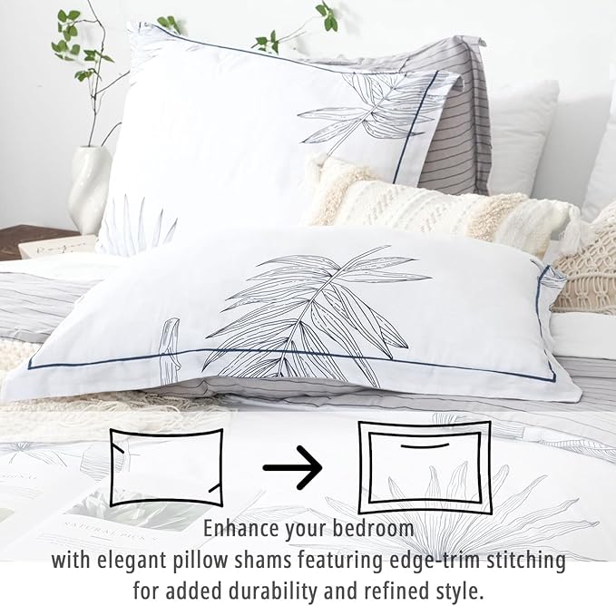 Botanical Cotton Comforter Queen Size - White Comforter with Delicate Black Leaves Patterns,Grey Reversible Lightweight Bedding Sets 3Pcs(Stripes)