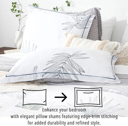 Botanical Cotton Comforter Queen Size - White Comforter with Delicate Black Leaves Patterns,Grey Reversible Lightweight Bedding Sets 3Pcs(Stripes)
