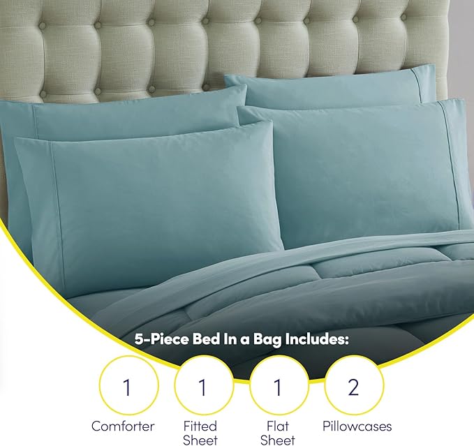 Sweet Home Collection 5 Piece Comforter Set Bag Solid Color All Season Soft Down Alternative Blanket & Luxurious Microfiber Bed Sheets, Misty Blue, Twin (Pack of 4)
