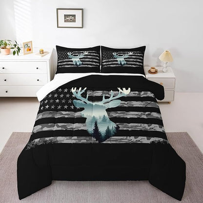 Feelyou Toddler Camo Hunting Bedding Set - Forest Smoky Deer Duvet Set with American Flag & 1 Pillow Case