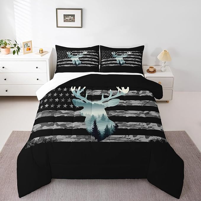 Feelyou Queen Camo Deer Hunting Bedding Set for Kids with 2 Pillow Cases, Forest Smoky American Flag Duvet