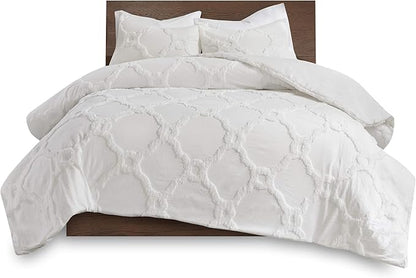 Madison Park Tufted Chenille Cotton Comforter, All Season Bedding Set, Matching Shams, Pacey Shabby Chic, Geometric Ogee Off White King/Cal King(104"x92") 3 Piece