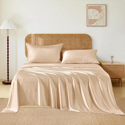 THXSILK Luxury Mulberry Silk Bed Sheets Set - 4pcs 16" Deep Pocket Silk Sheets Set - 1 Fitted Sheet, 1 Flat Sheet, 2 Pillowcases with Zipper Closure - Queen, Champagne