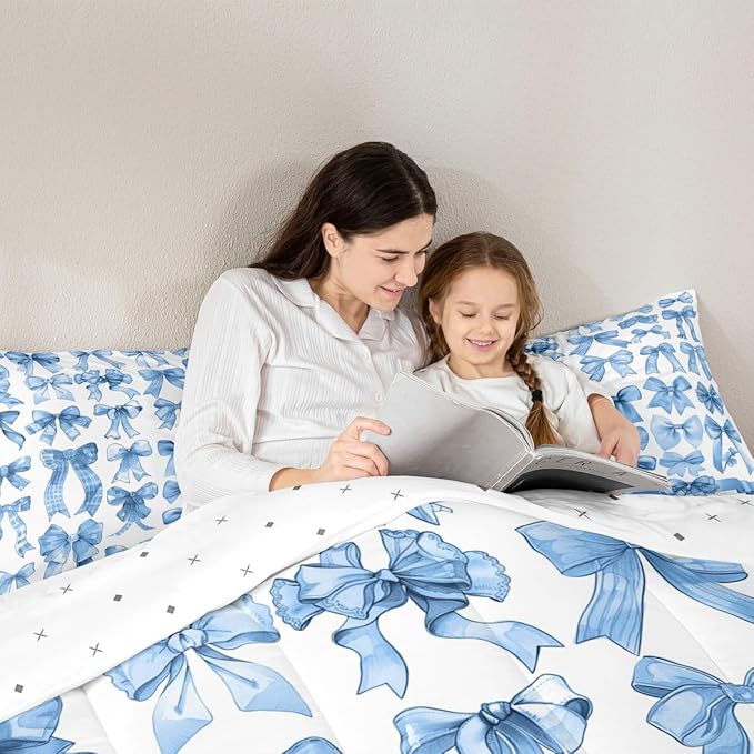Castle Fairy Cute Bow Comforter Set King Size,Blue Bow Bedding Set 3Pcs for Kids Teens Adults Room Decor,Bows Grid Down Comforter Fashion Preppy Bedding Comforters,2 Pillowcases