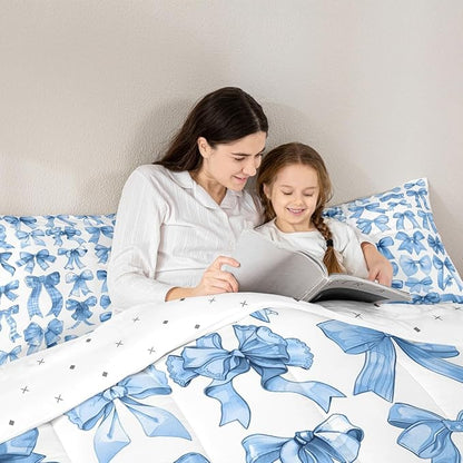 Castle Fairy Cute Bow Comforter Set King Size,Blue Bow Bedding Set 3Pcs for Kids Teens Adults Room Decor,Bows Grid Down Comforter Fashion Preppy Bedding Comforters,2 Pillowcases