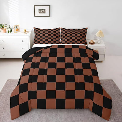 Feelyou Checkered Bedding Set Teen Women Men Brown Black Plaid Comforter Set Full Size Kids Boys Girls Cute Retro Neutral Checkerboard Geometric Duvet Insert Vintage Aesthetic Room Decor